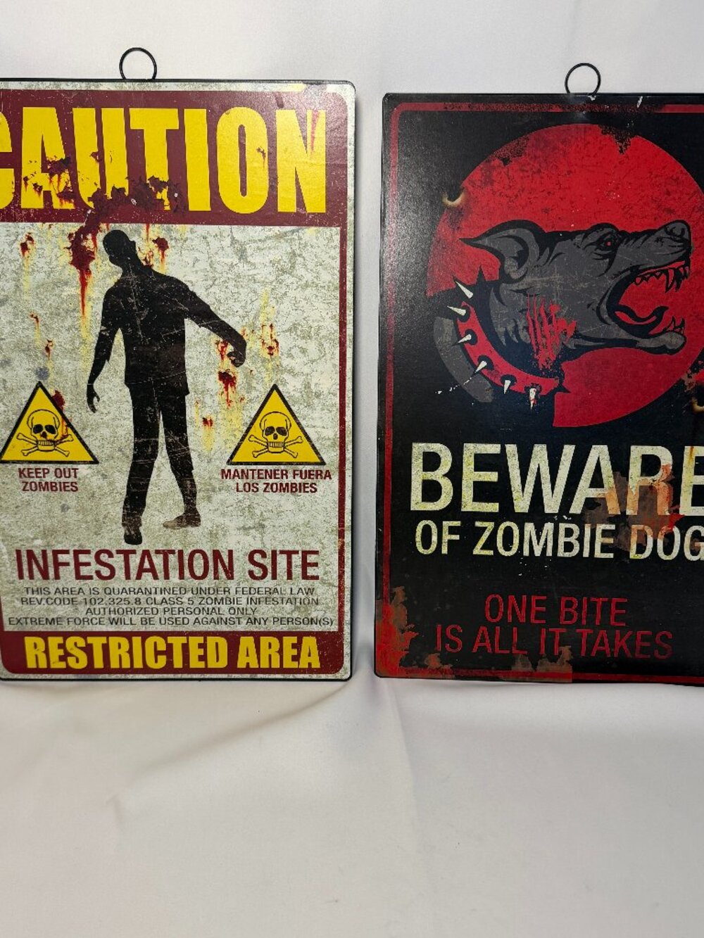 Lot of 2 Metal Halloween Signs Zombie Dog Infestation Site Restricted Area 16x10